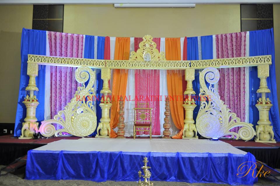 jaymal stage decorations with fiberglass matrial off white pearl shade design with shinning gold finish in making stage for wedding looking nice decorations of wedding events and superior event design mandap and stage